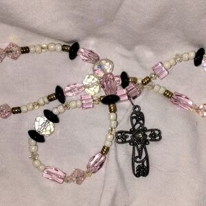 Pink and Black Beaded Necklace with Cross Pendant